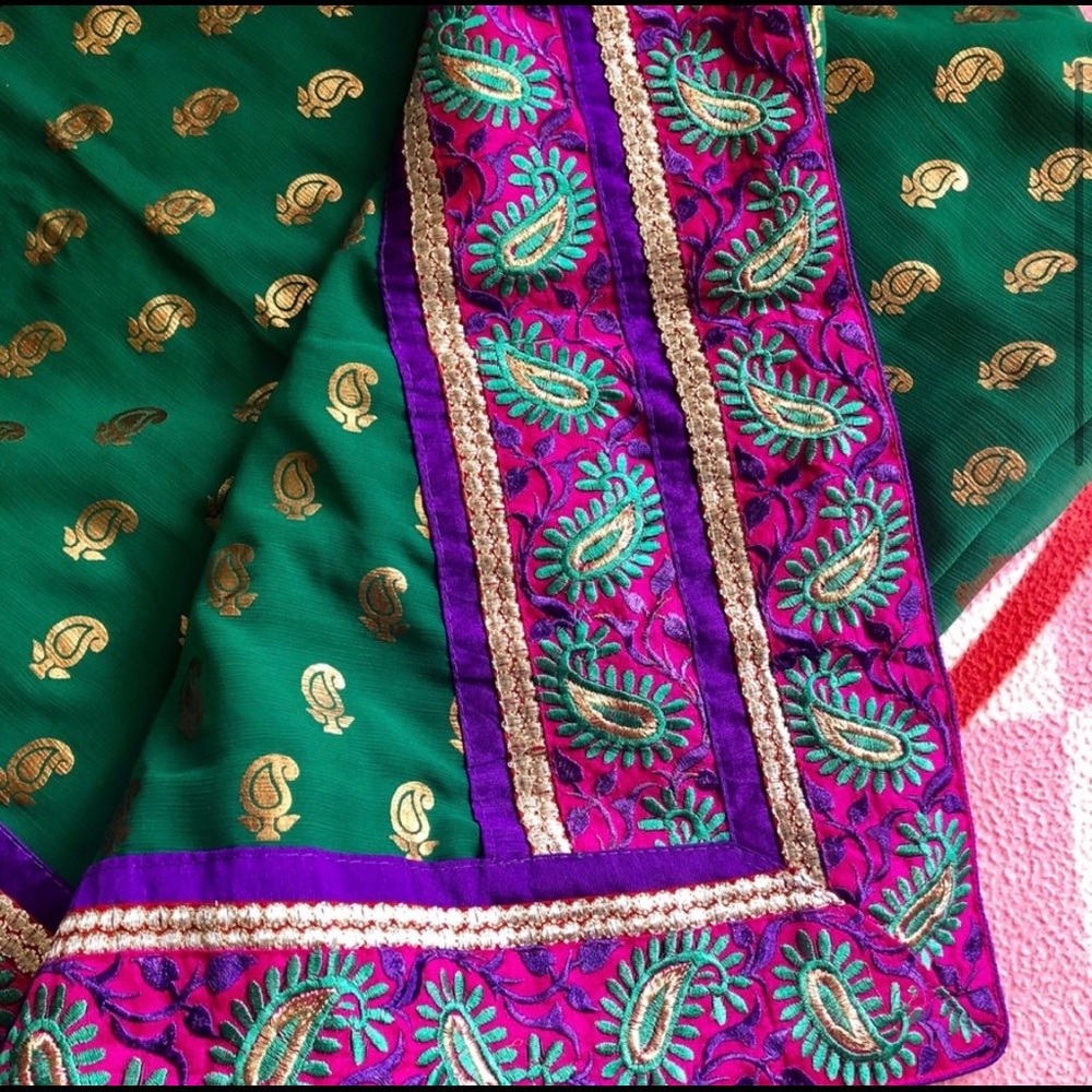 Green and Pink Saree, blouse and petticoat